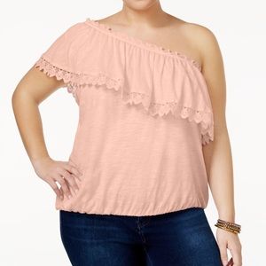 One Shoulder Ruffle Top{AVAIL: Pink/White}